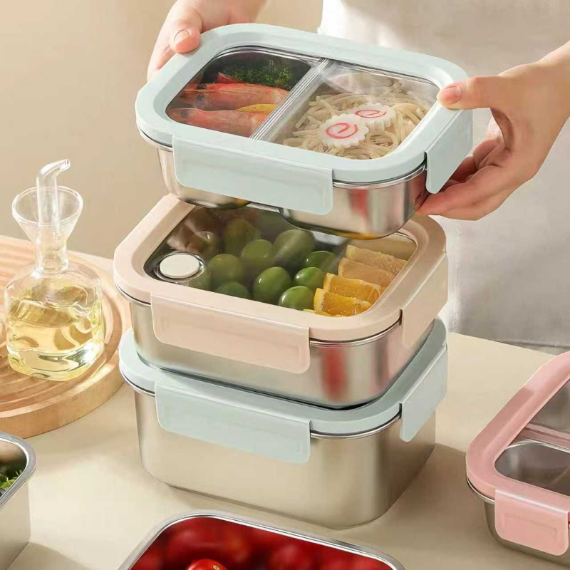 Kutija za ručak od 316L nehrđajućeg čelika, dvodomna, izolirana i zatvorena, pogodna za mikrovalnu pećnicu, 800–1000 ml, pravokutnog oblika