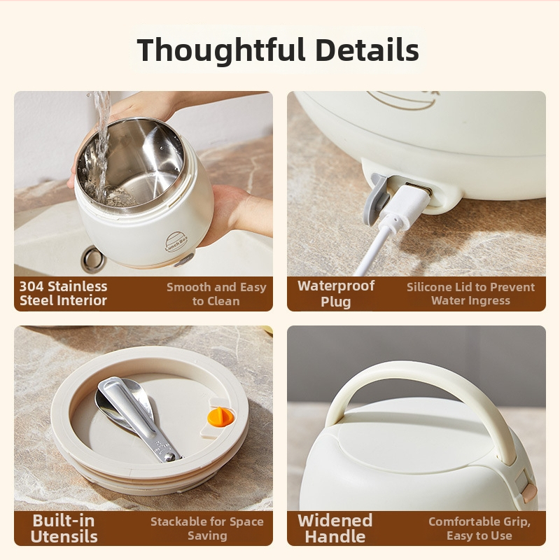 Elektrická krabička na obed s bezvodiovým ohrevom, vnútorný nádoba z 304 nerezovej ocele, 20W, 220V, USB alebo napájanie z auta, udržiava teplo pri zapnutí