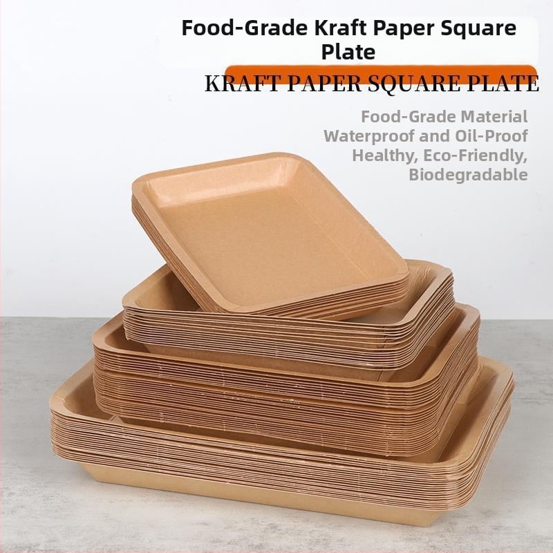 Vienkartinė kraftpopierio kvadratinė lėkštė užkandžiams, vienkartiniam naudojimui, pritaikoma, nebiodegraduojanti