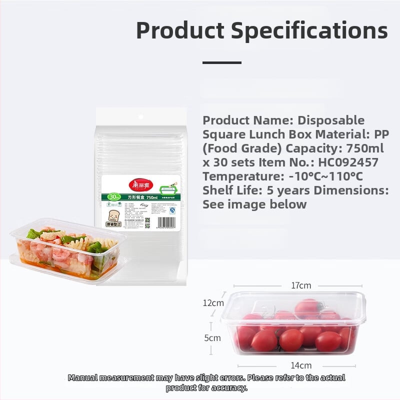 Cutie de prânz din plastic, o singură utilizare, cu capac, design îngroșat, corp transparent, potrivită pentru microunde, 50 seturi într-un ambalaj