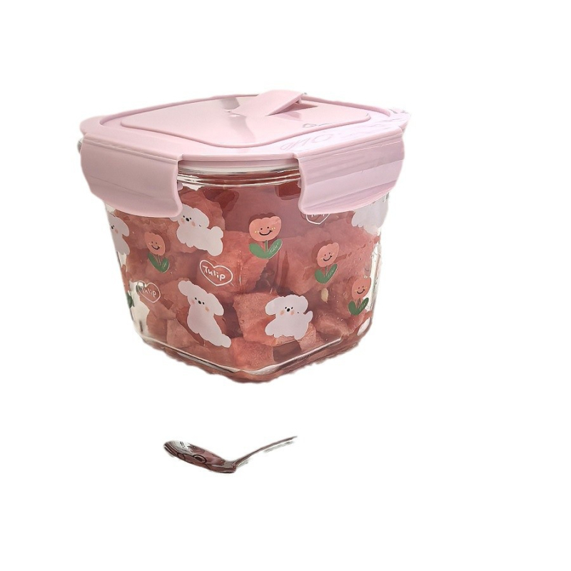 Staklena kutija za ručak otporna na toplinu, karikaturni dizajn, zatvarajući poklopac, 800–1000 ml, pogodno za mikrovalnu pećnicu