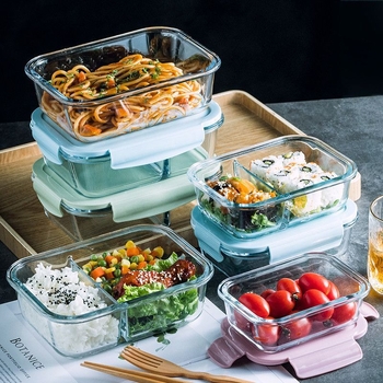 Cutie de prânz din sticlă compatibilă cu microunde, cu capac și divizoare, transparentă, borosilicată, capacitate sub 300 ml