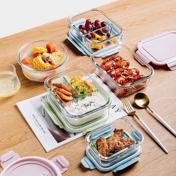 Cutie de prânz din sticlă compatibilă cu microunde, cu capac și divizoare, transparentă, borosilicată, capacitate sub 300 ml