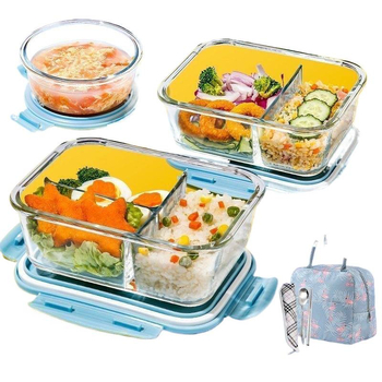 Cutie de prânz din sticlă compatibilă cu microunde, cu capac și divizoare, transparentă, borosilicată, capacitate sub 300 ml