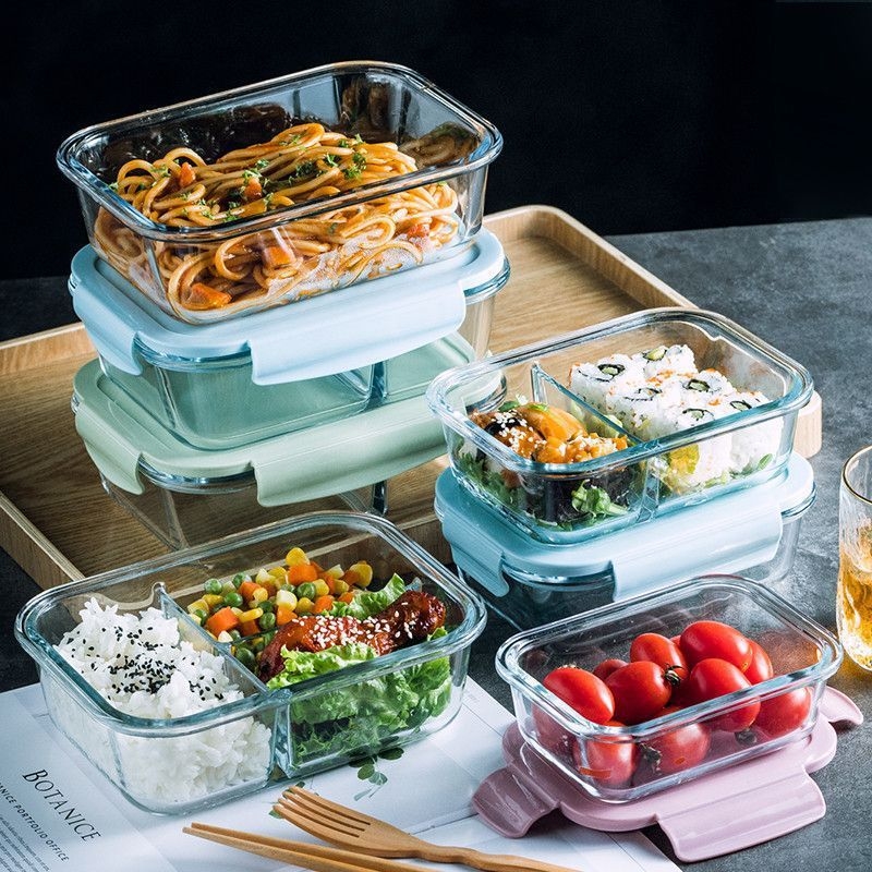 Cutie de prânz din sticlă compatibilă cu microunde, cu capac și divizoare, transparentă, borosilicată, capacitate sub 300 ml