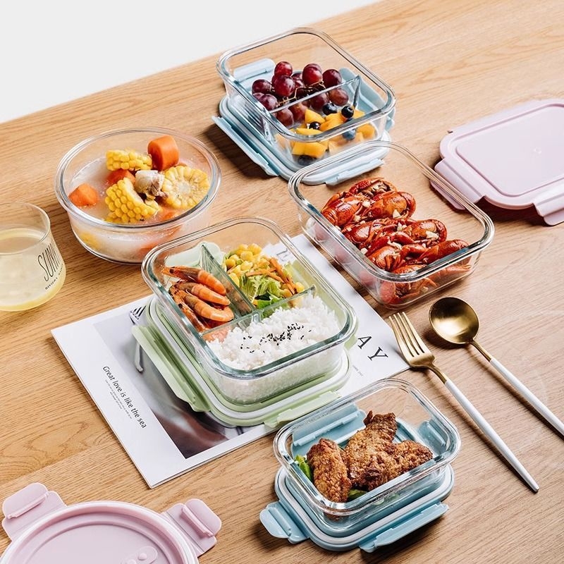Cutie de prânz din sticlă compatibilă cu microunde, cu capac și divizoare, transparentă, borosilicată, capacitate sub 300 ml