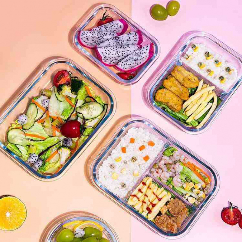 Cutie de prânz din sticlă compatibilă cu microunde, cu capac și divizoare, transparentă, borosilicată, capacitate sub 300 ml