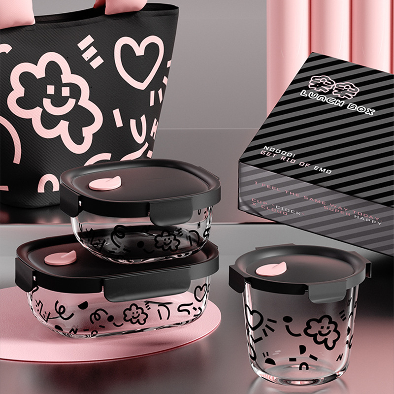 Staklena kutija za ručak, kvadratnog oblika, 301–500 ml, pogodna za mikrovalnu, prilagodljiva