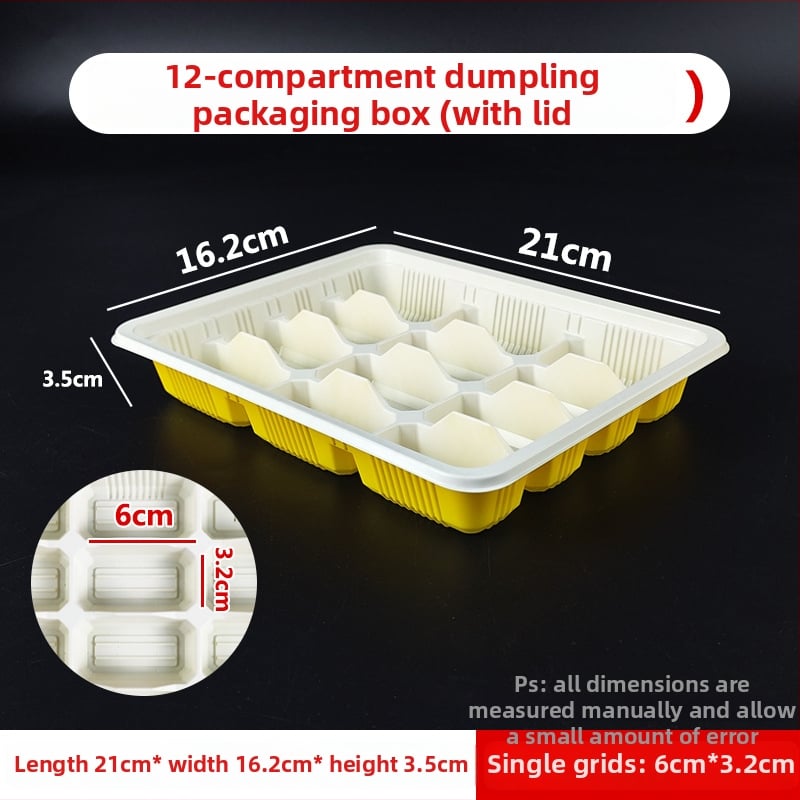 Cutie de unică folosință pentru dumplings cu capac, cutie plastic cu compartimente pentru dumplings crude și fierte (PP de calitate alimentară; nu este potrivită pentru microunde; nu este biodegradabilă)