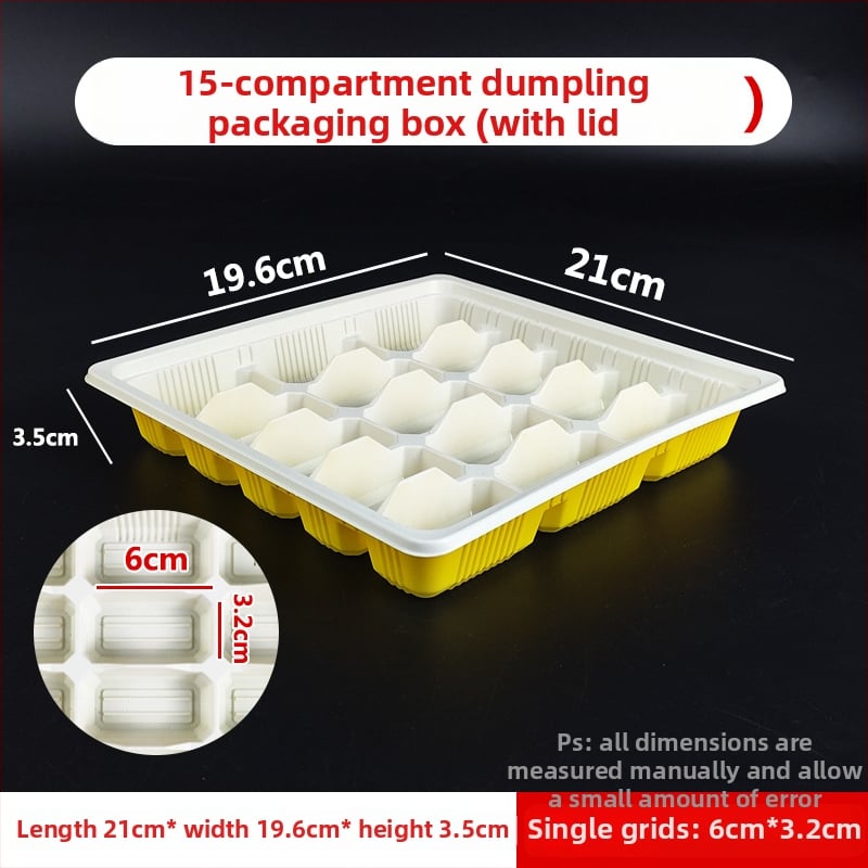 Cutie de unică folosință pentru dumplings cu capac, cutie plastic cu compartimente pentru dumplings crude și fierte (PP de calitate alimentară; nu este potrivită pentru microunde; nu este biodegradabilă)