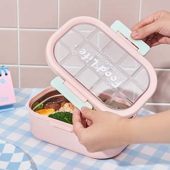 Cutie de prânz pătrată, capacitate 800–1000 ml, interior din oțel inoxidabil 304 cu exterior PP+PET, model cartoon, stil simplu modern, nu este compatibilă cu microunde, non-electrică