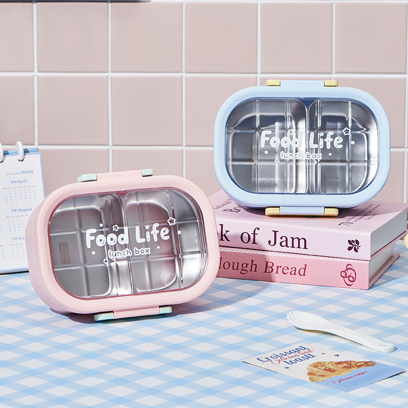 Cutie de prânz pătrată, capacitate 800–1000 ml, interior din oțel inoxidabil 304 cu exterior PP+PET, model cartoon, stil simplu modern, nu este compatibilă cu microunde, non-electrică