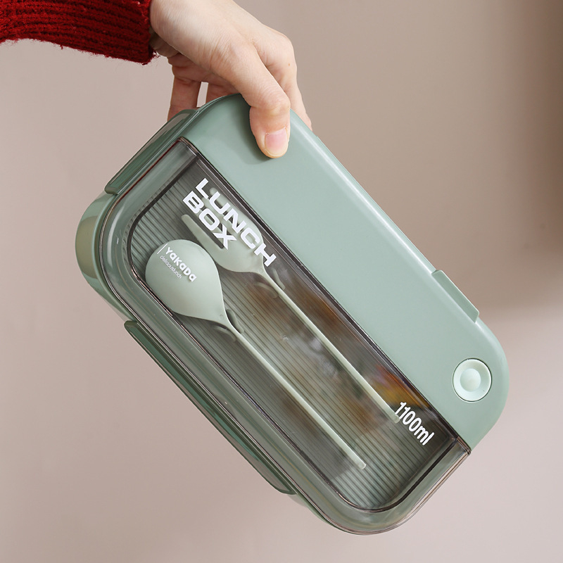 Cutie prânz microunde cu tacâmuri incluse, material PP, formă pătrată, capac etanș, design modern minimalist, pentru studenți