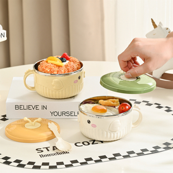 Castron pentru copii, rotund, izolat, cu model de pește felinar, material PP + oțel inoxidabil 304 + gel de siliciu, capacitate 301–800 ml