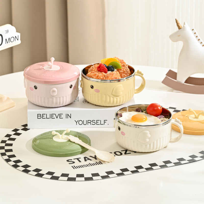 Castron pentru copii, rotund, izolat, cu model de pește felinar, material PP + oțel inoxidabil 304 + gel de siliciu, capacitate 301–800 ml