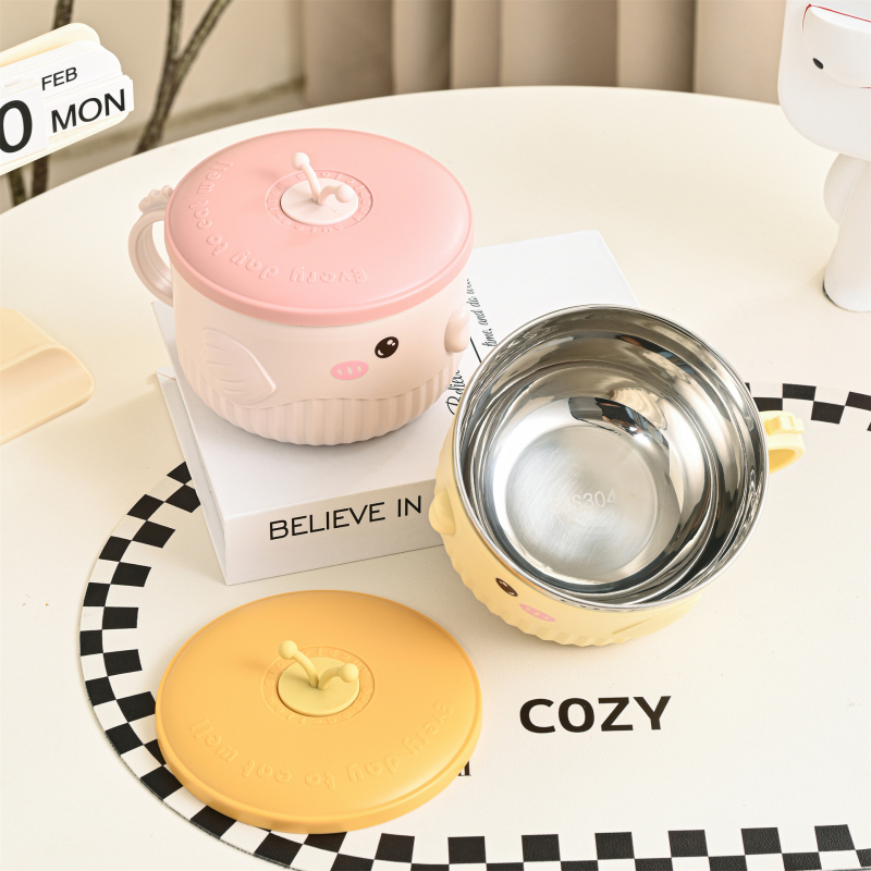 Castron pentru copii, rotund, izolat, cu model de pește felinar, material PP + oțel inoxidabil 304 + gel de siliciu, capacitate 301–800 ml