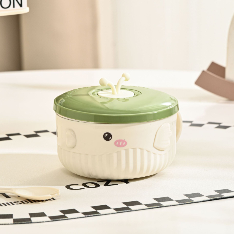 Castron pentru copii, rotund, izolat, cu model de pește felinar, material PP + oțel inoxidabil 304 + gel de siliciu, capacitate 301–800 ml