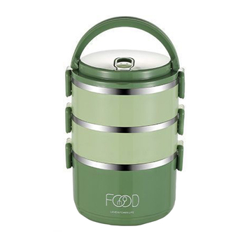 Ланч бокс с изолация: многослоен дизайн (3–4 слоя), пластмаса + неръждаема стомана, капацитет 2.1–3 л, кръгла форма, преносим