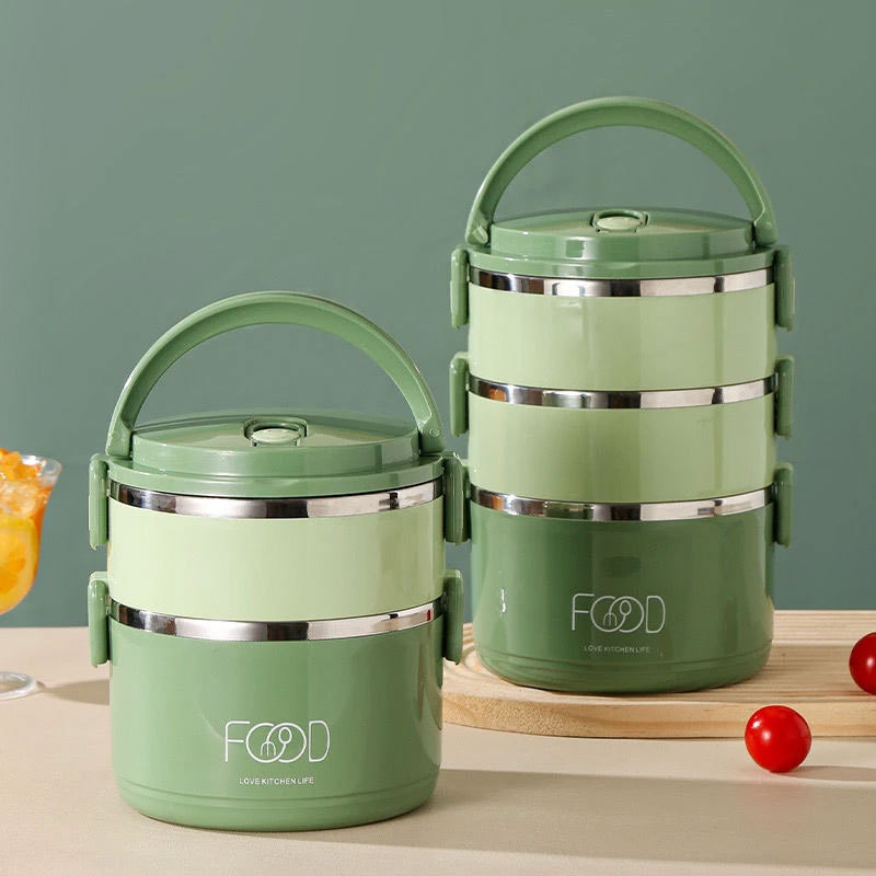 Ланч бокс с изолация: многослоен дизайн (3–4 слоя), пластмаса + неръждаема стомана, капацитет 2.1–3 л, кръгла форма, преносим