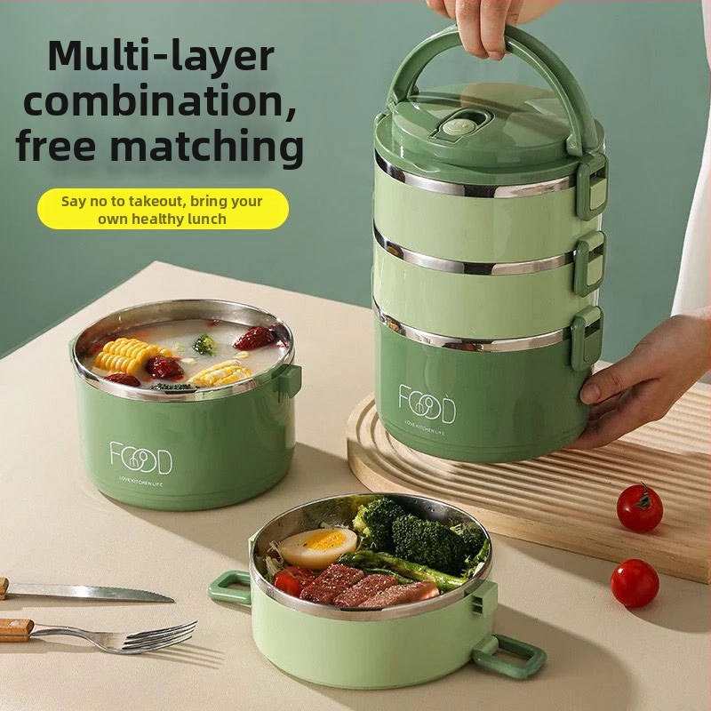 Izolovaná jedálenská dóza z nerezovej ocele, viacerostranný dizajn, objem 2,1–3 l, plast + nerezová oceľ, guľatý tvar, prenosný