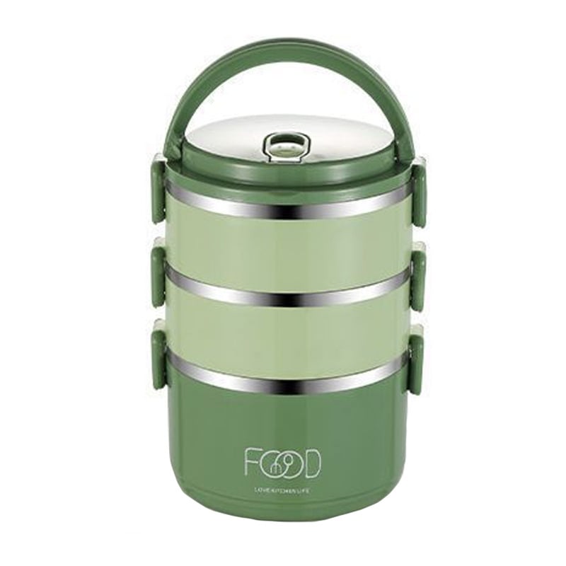 Ланч бокс с изолация: многослоен дизайн (3–4 слоя), пластмаса + неръждаема стомана, капацитет 2.1–3 л, кръгла форма, преносим