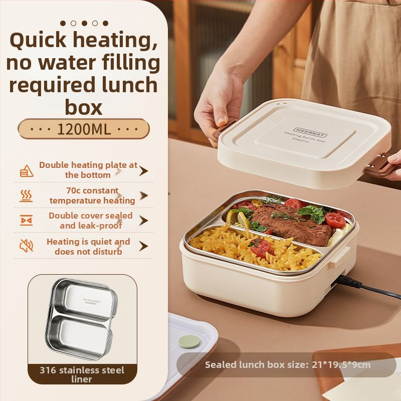 Elektrická krabička na obed s ohrevom bez vody, izolovaná s dvomi priehradkami, kapacita do 1 l, regulácia teploty