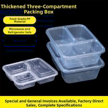 Cutie de unică folosință pentru takeaway cu trei compartimente, material PP, compatibilă cu cuptorul cu microunde, personalizabilă cu imprimare a logo-ului