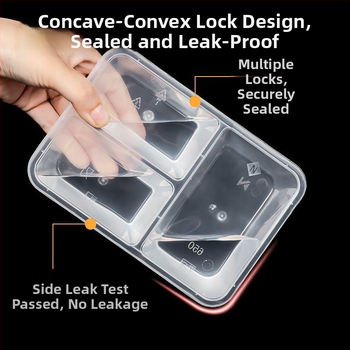 Cutie de unică folosință pentru takeaway cu trei compartimente, material PP, compatibilă cu cuptorul cu microunde, personalizabilă cu imprimare a logo-ului