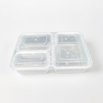 Cutie de unică folosință pentru takeaway cu trei compartimente, material PP, compatibilă cu cuptorul cu microunde, personalizabilă cu imprimare a logo-ului