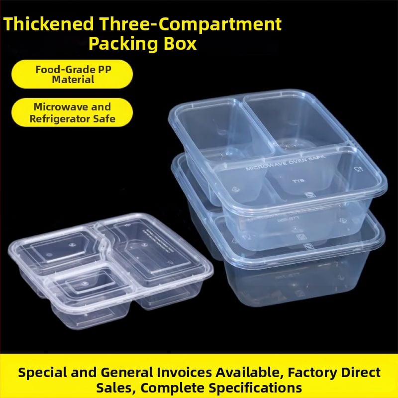 Cutie de unică folosință pentru takeaway cu trei compartimente, material PP, compatibilă cu cuptorul cu microunde, personalizabilă cu imprimare a logo-ului