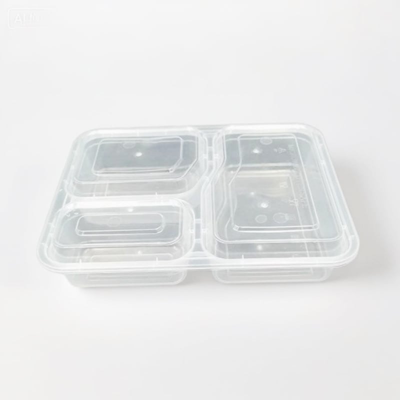 Cutie de unică folosință pentru takeaway cu trei compartimente, material PP, compatibilă cu cuptorul cu microunde, personalizabilă cu imprimare a logo-ului