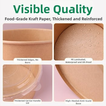 Cutie de prânz din hârtie Kraft, cu bol rotund, capac îngroșat, rezistentă la temperaturi înalte, de calitate alimentară