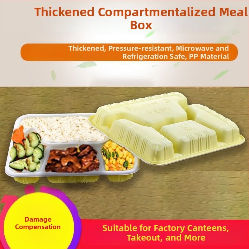 Cutie de prânz de unică folosință, din plastic, compartimentată, dreptunghiulară, cu capac pentru luat la pachet