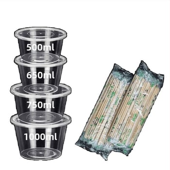 Cutie de prânz din plastic, de unică folosință, cu capac, cu container dreptunghiular și bol rotund pentru take-away