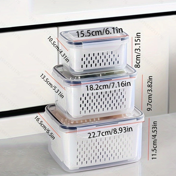 Set drenaznih košarica za očuvanje svježine i skladištenje, tri dijela, dvostruki sloj, kvadratnog oblika, 800–1000 ml, prikladno za mikrovalnu pećnicu