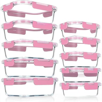 Zatvorena pravokutna staklena kutija za obrok, izolirana, mikrovalna pećnica kompatibilna, borosilikatno staklo, set od 10 komada, kapacitet 301–800 ml