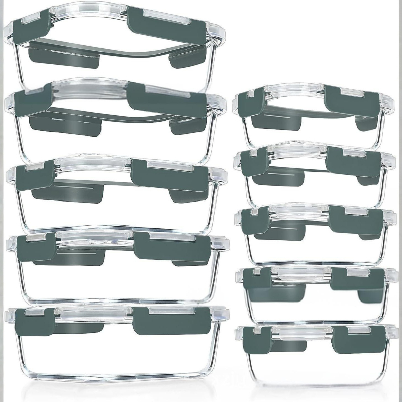 Zatvorena pravokutna staklena kutija za obrok, izolirana, mikrovalna pećnica kompatibilna, borosilikatno staklo, set od 10 komada, kapacitet 301–800 ml