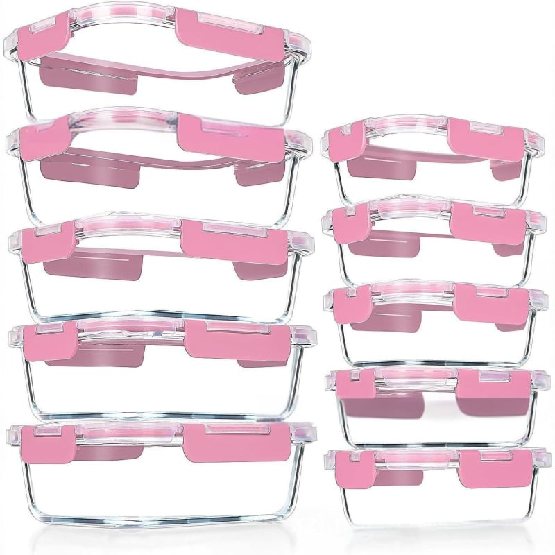 Zatvorena pravokutna staklena kutija za obrok, izolirana, mikrovalna pećnica kompatibilna, borosilikatno staklo, set od 10 komada, kapacitet 301–800 ml