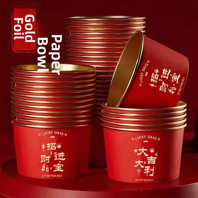 Ühekordne paberkopp kuldfooliumiga pere-söögi jaoks kevadise festivali jaoks; materjal: paber + PE kile; säilivusaeg: 12 kuud; kategooria: ühekordne kauss