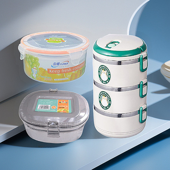 Cutie de prânz din plastic, rotundă, compatibilă cu microundele, capacitate 301-500 ml, opțiune cu 3 straturi, stil simplu