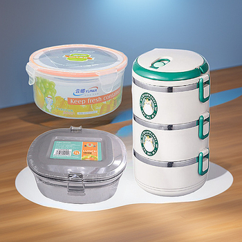 Cutie de prânz din plastic, rotundă, compatibilă cu microundele, capacitate 301-500 ml, opțiune cu 3 straturi, stil simplu