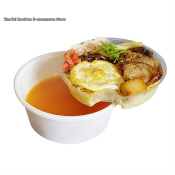 Dvojvrstvový kontajner na polievku s horným a dolným priehradkou, suché/mokré oddelenie, jednorazová misa s wonton rezancami; Plastový • Nie je vhodný do mikrovlnky • Tlač loga možná • Hrubá hmotnosť približne 8 kg