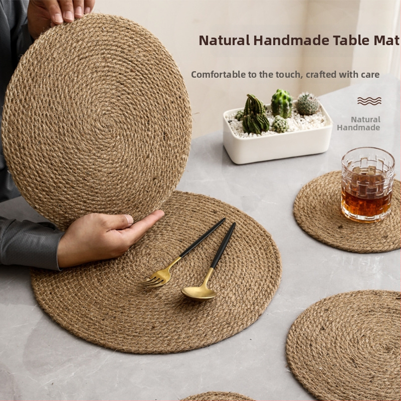 Covoraș țesut din in și bumbac pentru masă și suport pentru pahare, rotund, culoare solidă