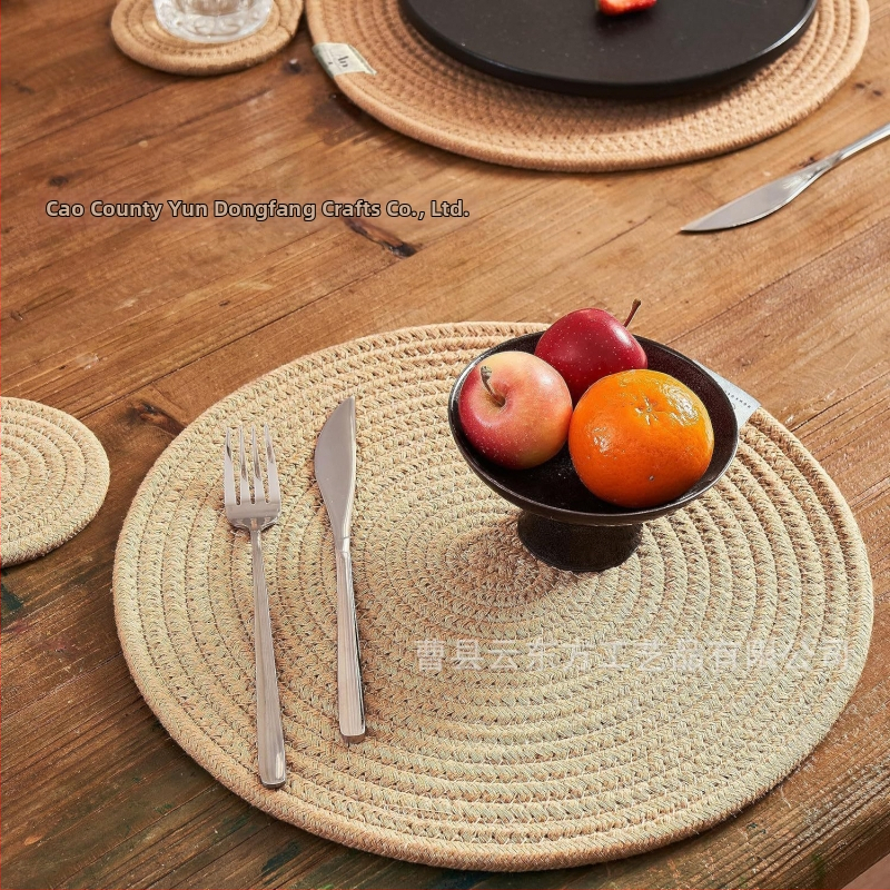 Covoraș țesut din in și bumbac pentru masă și suport pentru pahare, rotund, culoare solidă