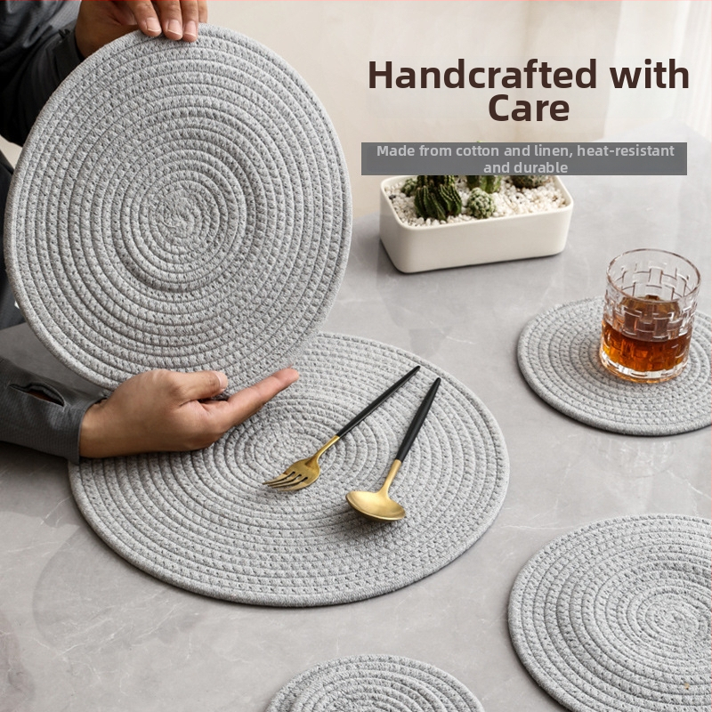 Covoraș țesut din in și bumbac pentru masă și suport pentru pahare, rotund, culoare solidă