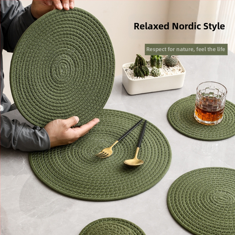 Covoraș țesut din in și bumbac pentru masă și suport pentru pahare, rotund, culoare solidă