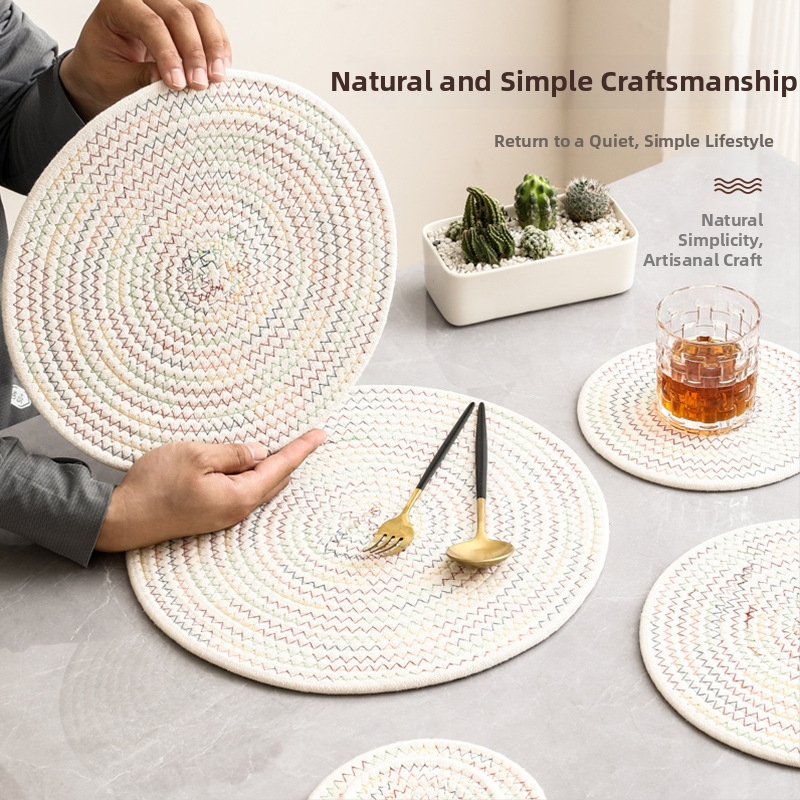 Covoraș țesut din in și bumbac pentru masă și suport pentru pahare, rotund, culoare solidă