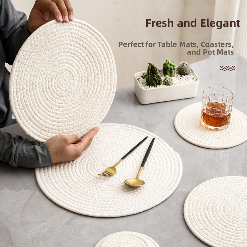 Covoraș țesut din in și bumbac pentru masă și suport pentru pahare, rotund, culoare solidă