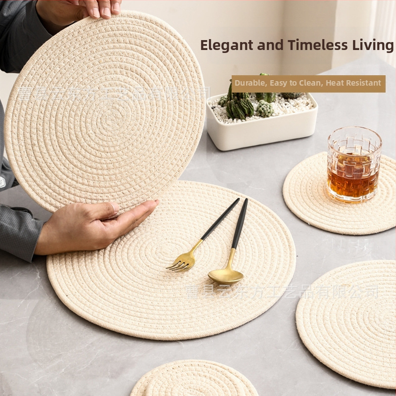 Covoraș țesut din in și bumbac pentru masă și suport pentru pahare, rotund, culoare solidă