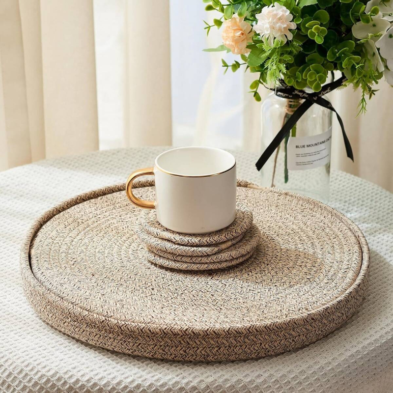 Covoraș țesut din in și bumbac pentru masă și suport pentru pahare, rotund, culoare solidă